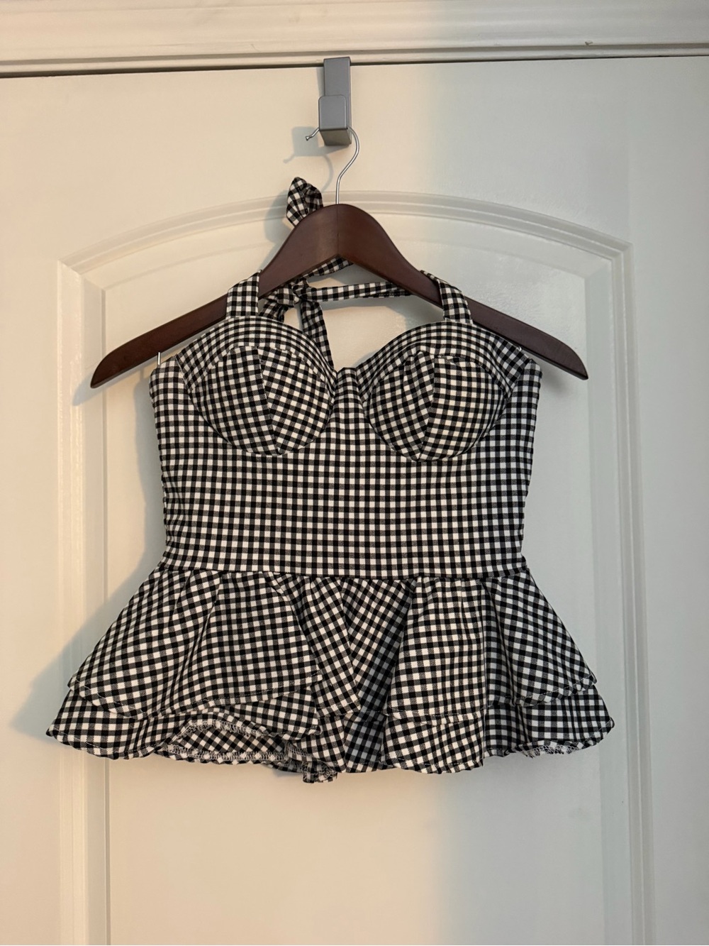 Tea n Cup Black & White Gingham Peplum Halter Camisole